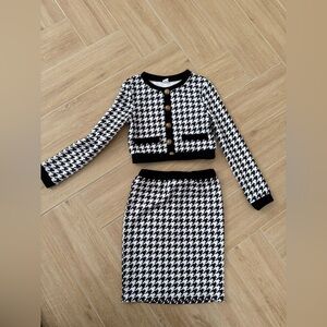 SHEIN Black & White Houndstooth Knit Crop Cardigan and Skirt Set